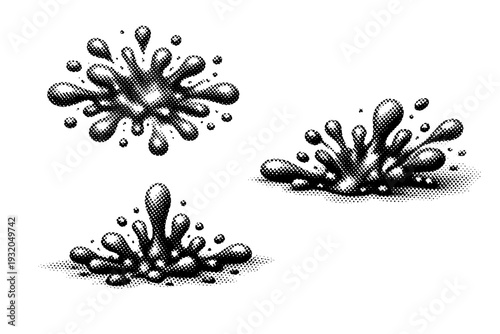 Halftone droplet splash cluster. A clustered droplet splash form is displayed in three views: flat overhead view, side-angled view, and three-quarter
