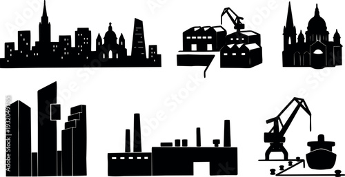 Flat silhouette city skyline and industrial port icons showing cathedral crane ship factory warehouse minimalist vector composition harbor buildings landmark