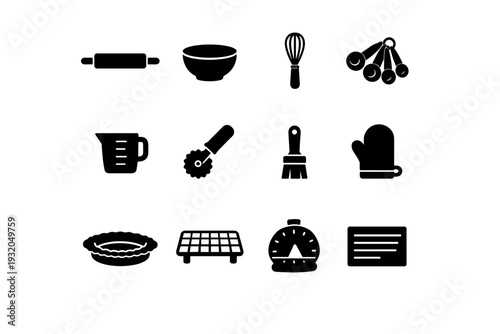 Pie Baking Tools. Solid icon set of Pie Baking Tools: rolling pin, mixing bowl, whisk, measuring spoons, measuring cup, pastry cutter, baking brush, oven mitt,