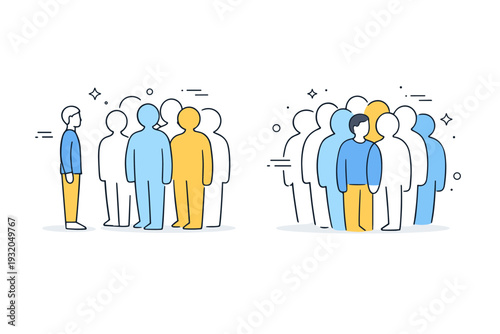 People merging with crowds. A person standing at the edge of a group, then stepping forward as the crowd gently closes around them. Social integration, quiet