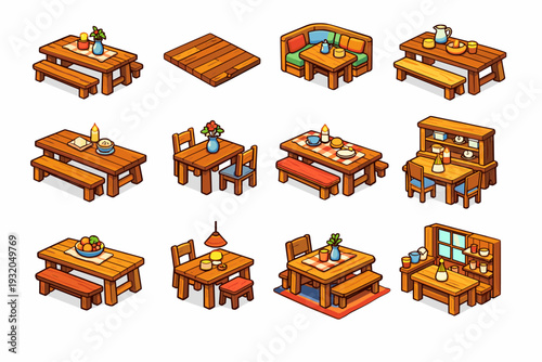 Rustic interior dining. Colorful isometric vector icons set of Rustic interior dining: dining table and bench, wooden floor section, cozy dining corner, table