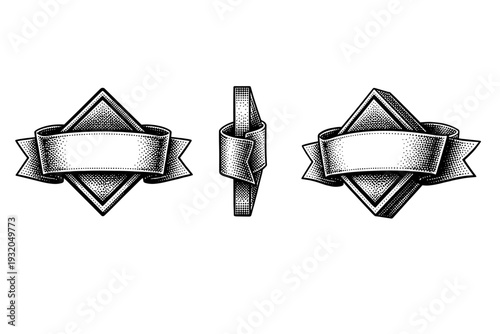 Diamond-shaped badge banner with symmetrical ribbon folds and central plaque shown from front view, side view, and three-quarter view as a single object set