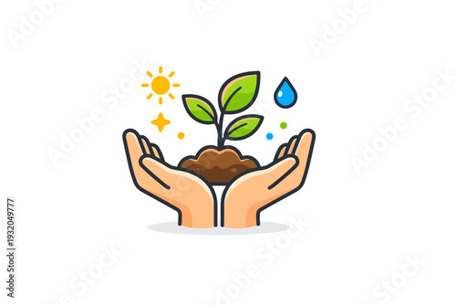Eco friendly concept hands holding a small plant as a central symbol, representing care for nature, growth and positive environmental impact. Minimalist flat