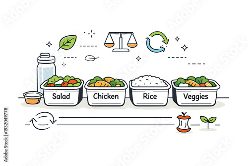 Reusable portion containers. Labeled food containers with clearly portioned meals arranged on a counter, subtle floating line icons of leaves, scales, and