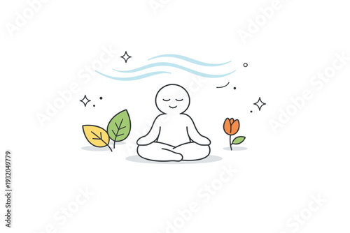 Minimal spring mindfulness concept. A small set of symbolic objects like leaves, breathing lines, and a calm figure arranged with generous white space. The