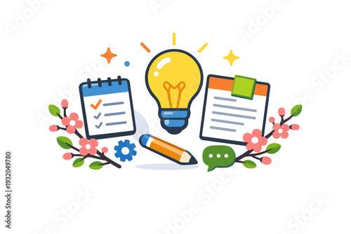 Spring productivity creative work session with a light bulb icon, notes, and blooming branches, communicating inspiration, ideas, and mental clarity.