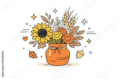 Autumn harvest bouquet for Thanksgiving. A cozy arrangement with sunflowers, marigolds, wheat stalks, and dried foliage in a rustic vase, floating abstract