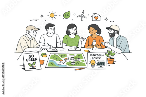 Local climate action workshops. Community members gathered around a table with posters, notebooks, and local maps discussing sustainability ideas. Calm