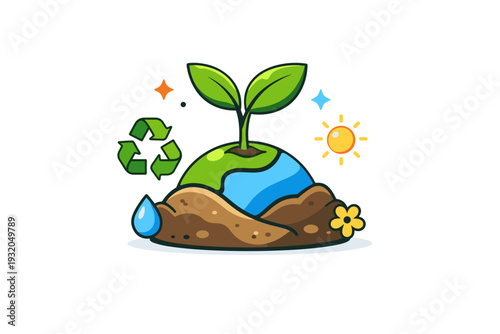 Spring sustainability a fresh green sprout growing from recycled soil shapes and simple eco symbols, expressing renewal, responsibility, and conscious choices