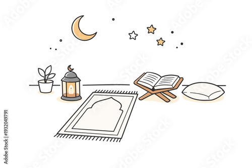 Ramadan quiet reflection corner. Minimal cozy setup with prayer mat, Quran, and soft lantern placed in a serene corner. Calm and peaceful editorial mood for