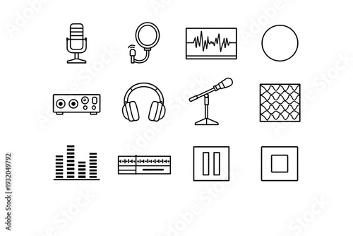 Audio recording. Line icon set of Audio recording: studio microphone, pop filter, sound waveform screen, recording button circle, audio interface, headphones,