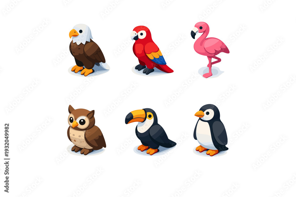 Fototapeta premium Wild birds. Isometric flat vector icons set of wild birds: eagle, parrot, flamingo, owl, toucan, penguin. Arrange all isometric objects in a ? grid ( per row,