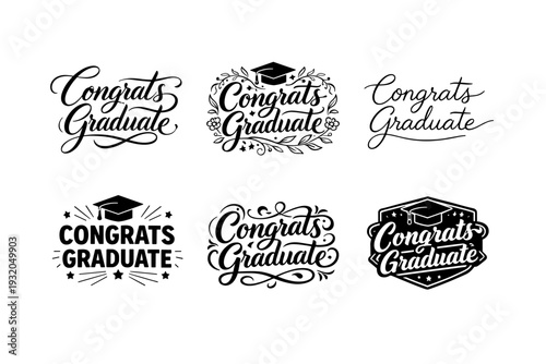 Congrats graduate typography. Set lettering. harmonious lettering variations of the same emblematic concept, each with different artistic interpretation