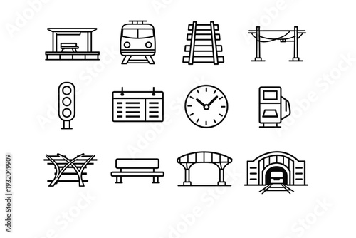 Railway transportation hubs. Line icon set of Railway transportation hubs: train platform, locomotive front, rail tracks, overhead wires, signal light,