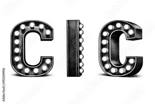 Theatre marquee letter capital letter C marquee sign shown as a single object from three different angles: front view, side view, and three-quarter view. Black