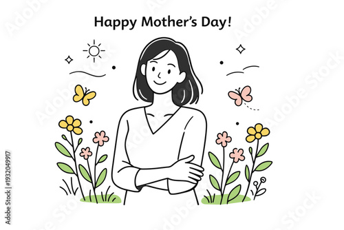 Mother?s Day portrait photography. An outdoor spring portrait with a mother standing among light flowers or greenery, soft daylight and relaxed pose. Natural