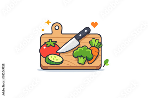 Healthy eating habits fresh preparation mood shown through a cutting board with vegetables and a knife icon, reflecting home cooking, care and intentional