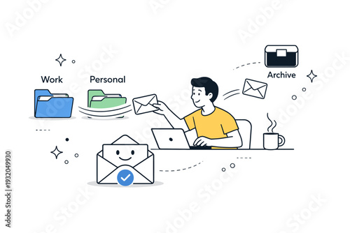 Email inbox zero workflows. Person dragging emails into folders and archive icons, smooth motion lines showing a clean process. Focused work and satisfaction