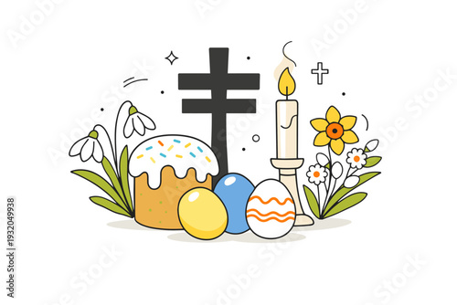 Orthodox Easter. Symbolic holiday elements like a cross, candle, eggs, and spring flowers arranged as a balanced editorial composition. Calm
