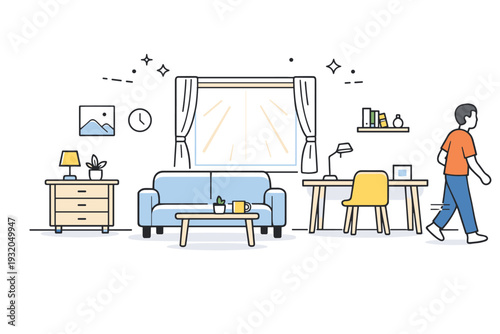 Rearranging furniture for light. A minimal room with freshly moved furniture aligned toward the window, person exiting the frame. Light becomes the main