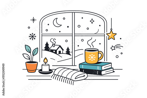 Cozy holiday winter mood. A window view with soft weather cues and warm indoor elements, suggesting shelter and seasonal calm. Quiet, comforting feeling with