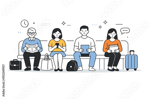 People sharing space without interaction in a waiting area. People sit side by side with bags, phones, or documents, maintaining personal distance and silence.