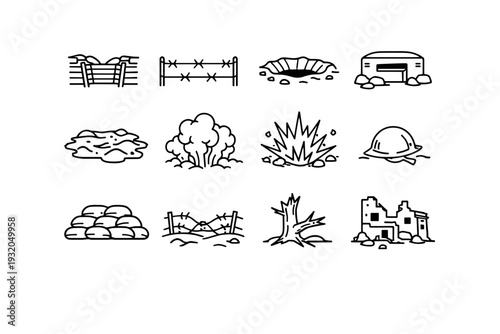 Battlefield environment. Line icon set of Battlefield environment: trench, barbed wire, crater, bunker, muddy ground, smoke cloud, shell explosion, abandoned