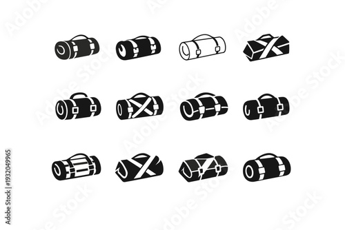 Mat. Icon set. Set Logo of Mat: picnic mat folded with straps. harmonious logo variations of the same emblematic concept, each with different