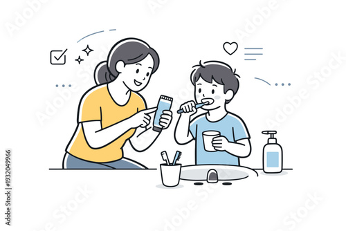 Mother and child daily routine. A mother helping a child with a simple task, calm gestures and structured interaction. The mood reflects care, guidance, and