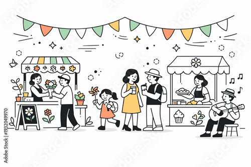 Spring festival market scene. A lively street with stalls decorated in floral motifs, paper flags above and soft abstract elements showing movement and