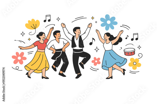 Spring cultural dance rehearsals. Final run-through of choreography, confident movements and unity, sense of readiness and celebration, abstract flowers and