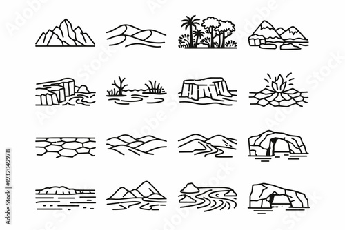 Wild Terrain. Line icon set of Wild Terrain: rocky mountains, sand dunes, dense jungle, frozen tundra, rugged coastline, swamp, high plateau, lava field, salt