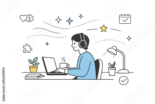 Neurodiversity-friendly office. A person works at a desk with noise-cancelling headphones, soft lighting, and organized workspace, abstract stars and lines
