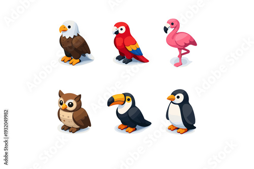 Wild birds. Isometric flat vector icons set of wild birds: eagle, parrot, flamingo, owl, toucan, penguin. Arrange all isometric objects in a ? grid ( per row,