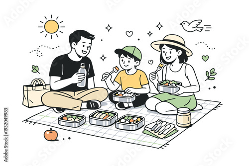 Reusable product lifestyle scenes. Family picnic scene using reusable lunch boxes, metal cutlery, and cloth napkins. Warm shared moment with