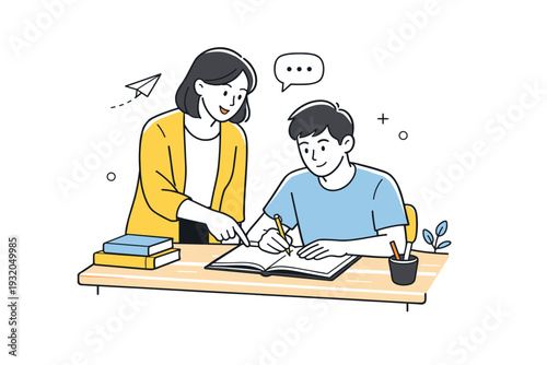 Teachers teaching students. Instructor helping an individual student with a notebook at a desk. Personal support, patience, and understanding. Minimalist flat