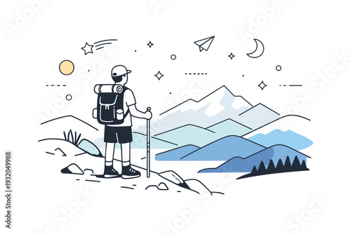 mountain range hiking. A hiker standing on a ridge overlooking a distant mountain range, subtle stars and abstract shapes floating around, calm and adventurous
