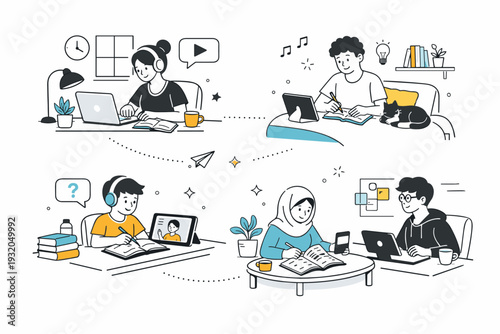 Students studying at home. Several students studying separately in different home setups, shown as small connected scenes. Diverse routines, remote learning,