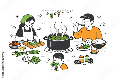Cooking sabzi stew (khoresh sabzi). Pot of herbs simmering with soft steam lines and people tasting or preparing ingredients. Aromatic tradition, warmth and