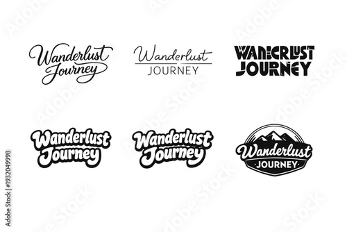 Wanderlust journey. Set lettering. harmonious lettering variations of the same emblematic concept, each with different artistic interpretation (Elegant script