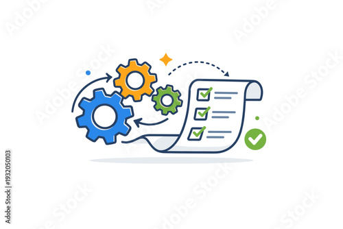Automation and workflow efficiency focused on interconnected gears and a flowing checklist that suggest smooth task progression, reduced friction, and reliable