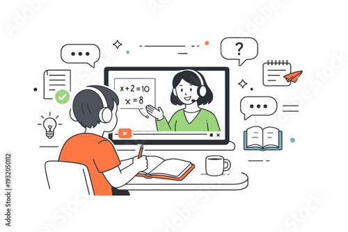 Online private lesson. A student attending a video tutoring session on a laptop or tablet. Friendly digital learning scene with chat bubbles, notes, and soft