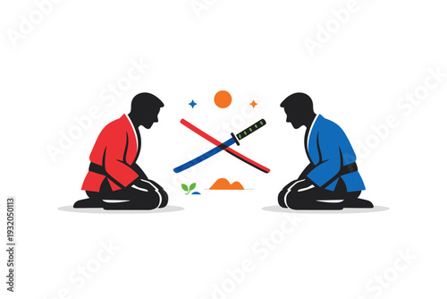 Martial arts minimal duel scene with two balanced silhouettes facing each other, reflecting respect, discipline and controlled competition. A calm editorial