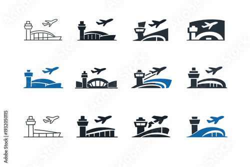 transportation hubs. Icon set. Set Logo of transportation hubs: airport terminal. harmonious logo variations of the same emblematic concept, each