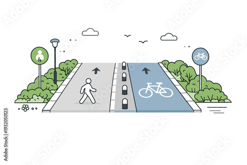 Walkable city infrastructure objects bike and walk path. Side-by-side pedestrian and bike lanes with clear icons, separators, and greenery along the edge. The