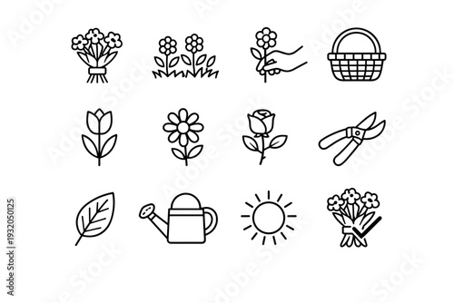 Flower Picking. Line icon set of Flower Picking: flower bouquet, flower field, hand picking flower, basket, tulip, daisy, rose, pruning shears, leaf, watering