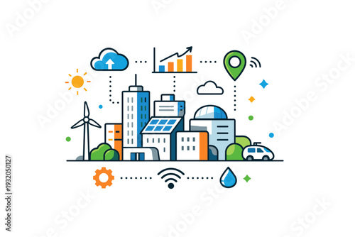 Future cities illustrated as data-driven environments with connected buildings and subtle digital symbols, conveying smart infrastructure, optimization, and
