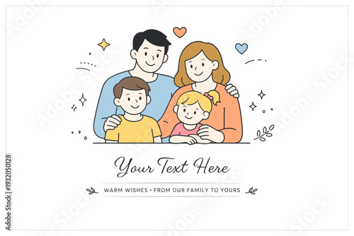 Family greeting card minimal composition. A clean card layout with a central family illustration and space for text, expressing warmth and sincerity. Calm,