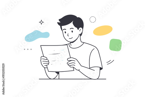 Managing ambiguity. A person holding a document with blurred symbols while abstract shapes gently float around. Scene about navigating incomplete information