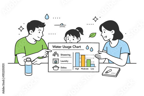 Water scarcity lifestyle visuals. A family reviews a simple water-usage chart together at the table. Collaborative approach to conservation shown through calm